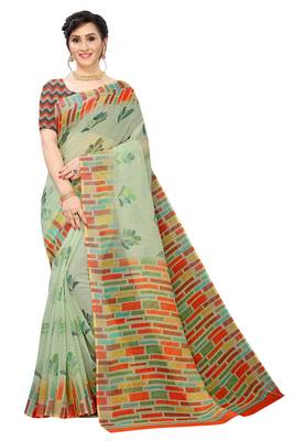 Multicolor Digital Print Pure Linen Cotton Saree with Blouse Piece 1
