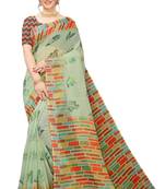 Multicolor Digital Print Pure Linen Cotton Saree with Blouse Piece