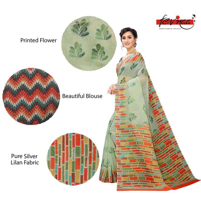 Multicolor Digital Print Pure Linen Cotton Saree with Blouse Piece