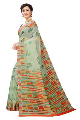 Multicolor Digital Print Pure Linen Cotton Saree with Blouse Piece 4