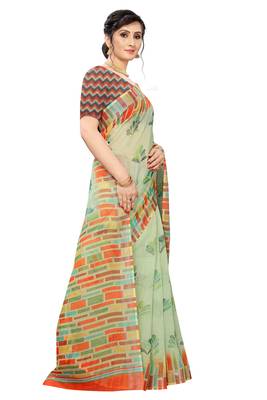 Multicolor Digital Print Pure Linen Cotton Saree with Blouse Piece 5