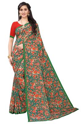 Multicolor Digital Print Weightless Georgette Saree with Lace Border & Blouse Piece 1
