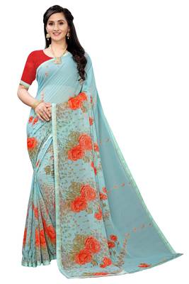 Multicolor Digital Print Weightless Georgette Saree with Lace Border & Blouse Piece 1