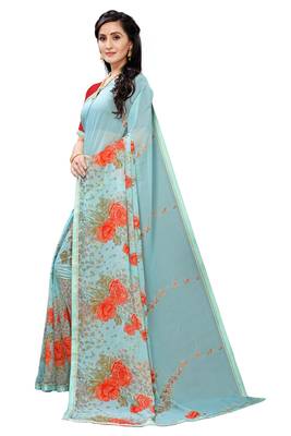 Multicolor Digital Print Weightless Georgette Saree with Lace Border & Blouse Piece 2