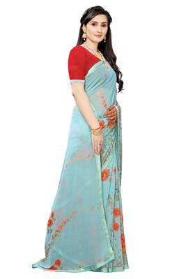 Multicolor Digital Print Weightless Georgette Saree with Lace Border & Blouse Piece 4