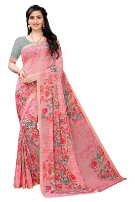 Multicolor Digital Print Weightless Georgette Saree with Lace Border & Blouse Piece 1