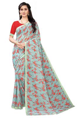 Multicolor Digital Print Weightless Georgette Saree with Lace Border & Blouse Piece 1