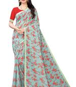 Multicolor Digital Print Weightless Georgette Saree with Lace Border & Blouse Piece