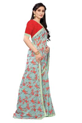Multicolor Digital Print Weightless Georgette Saree with Lace Border & Blouse Piece 4