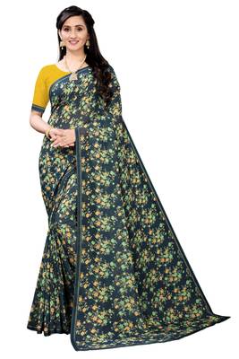 Multicolor Digital Print Weightless Georgette Saree with Lace Border & Blouse Piece 1