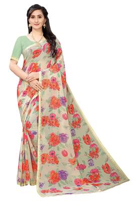 Multicolor Digital Print Weightless Georgette Saree with Lace Border & Blouse Piece 1