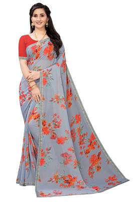 Multicolor Digital Print Weightless Georgette Saree with Lace Border & Blouse Piece 1