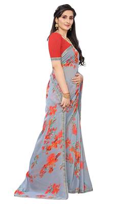 Multicolor Digital Print Weightless Georgette Saree with Lace Border & Blouse Piece 4