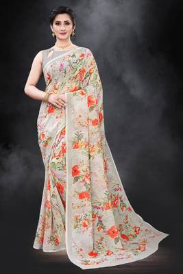 Multicolor Digital Print Weightless Georgette Floral Print Saree with Blouse Piece 1