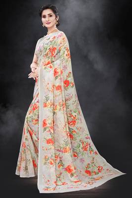Multicolor Digital Print Weightless Georgette Floral Print Saree with Blouse Piece 2
