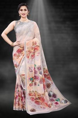 Multicolor Digital Print Weightless Georgette Floral Print Saree with Blouse Piece 1