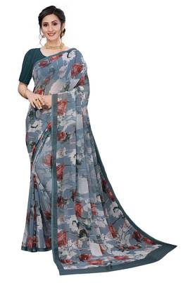 Multicolor Digital Print Weightless Georgette Floral Print Saree with Blouse Piece 1
