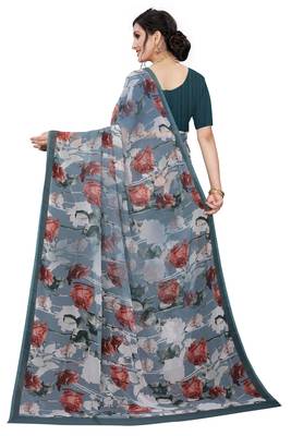 Multicolor Digital Print Weightless Georgette Floral Print Saree with Blouse Piece 3