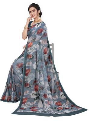 Multicolor Digital Print Weightless Georgette Floral Print Saree with Blouse Piece 4