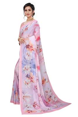 Multicolor Digital Print Weightless Georgette Floral Print Saree with Blouse Piece 2