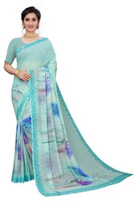 Multicolor Digital Print Weightless Georgette Floral Print Saree with Blouse Piece 1