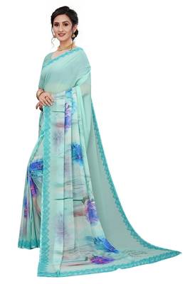 Multicolor Digital Print Weightless Georgette Floral Print Saree with Blouse Piece 2