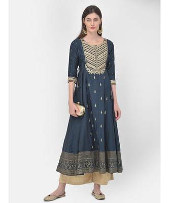 Span Oxford Blue Embroidered Flared Kurta 1