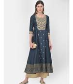 Span Oxford Blue Embroidered Flared Kurta