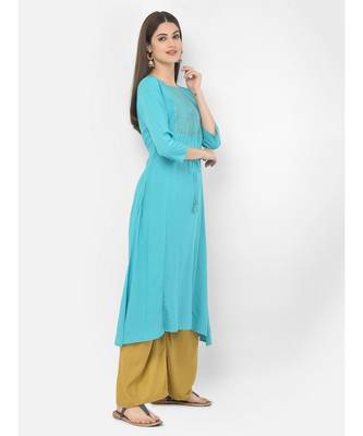 Span Turquoise Embroidered A line Kurta 2
