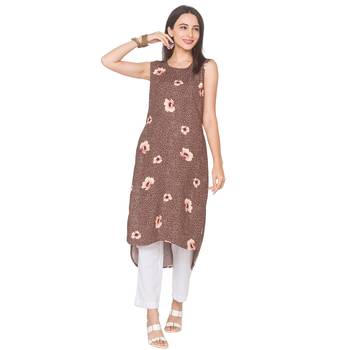 Brown printed viscose rayon long-kurtis 2