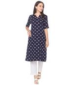 Navy-blue printed viscose rayon long-kurtis
