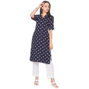 Navy-blue printed viscose rayon long-kurtis 2