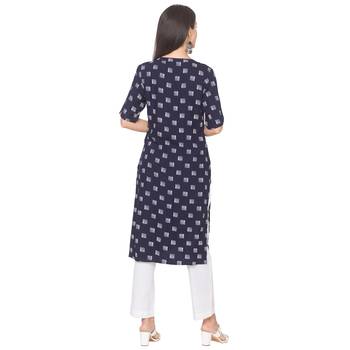 Navy-blue printed viscose rayon long-kurtis 3
