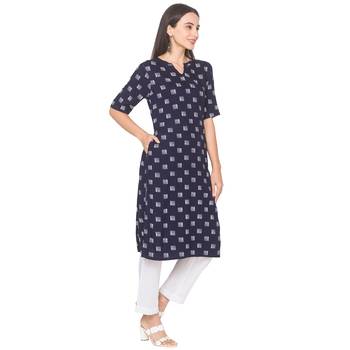 Navy-blue printed viscose rayon long-kurtis 4
