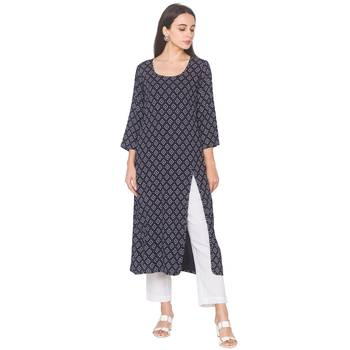 Navy-blue printed viscose rayon long-kurtis 1