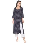 Navy-blue printed viscose rayon long-kurtis