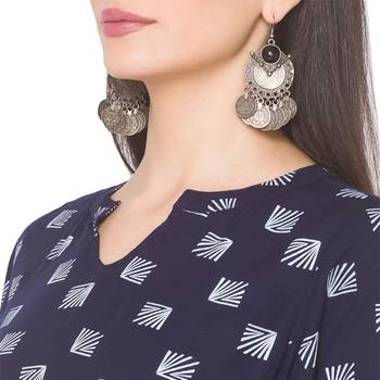 Navy-blue printed viscose rayon long-kurtis 5