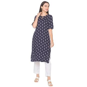 Navy-blue printed viscose rayon long-kurtis 1