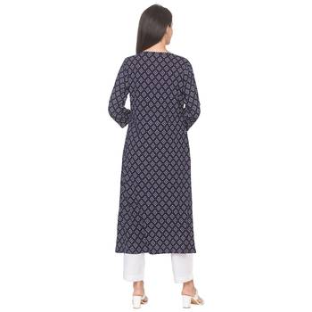 Navy-blue printed viscose rayon long-kurtis 3