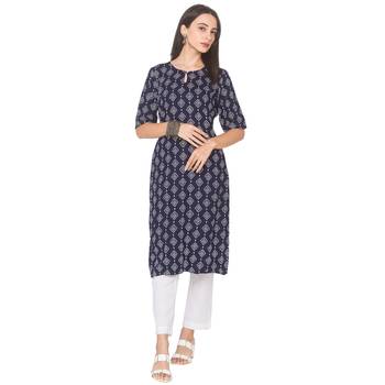 Navy-blue printed viscose rayon long-kurtis 2