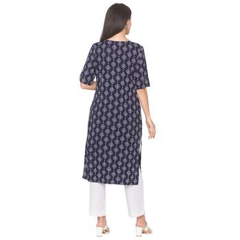 Navy-blue printed viscose rayon long-kurtis 3