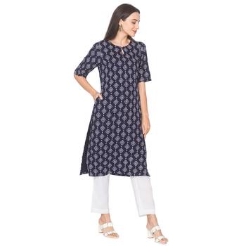 Navy-blue printed viscose rayon long-kurtis 4