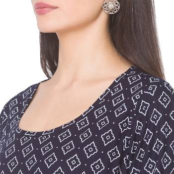 Navy-blue printed viscose rayon long-kurtis 5