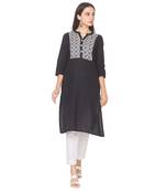 Black plain cotton long-kurtis