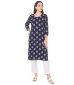 Navy-blue printed viscose rayon long-kurtis