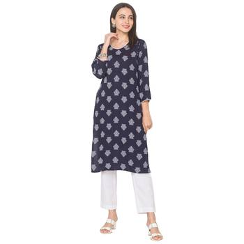 Navy-blue printed viscose rayon long-kurtis 2