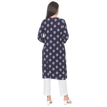 Navy-blue printed viscose rayon long-kurtis 3