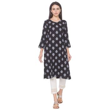 Black printed viscose rayon long-kurtis 1