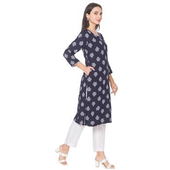 Navy-blue printed viscose rayon long-kurtis 4