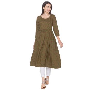 Olive printed viscose rayon long-kurtis 1